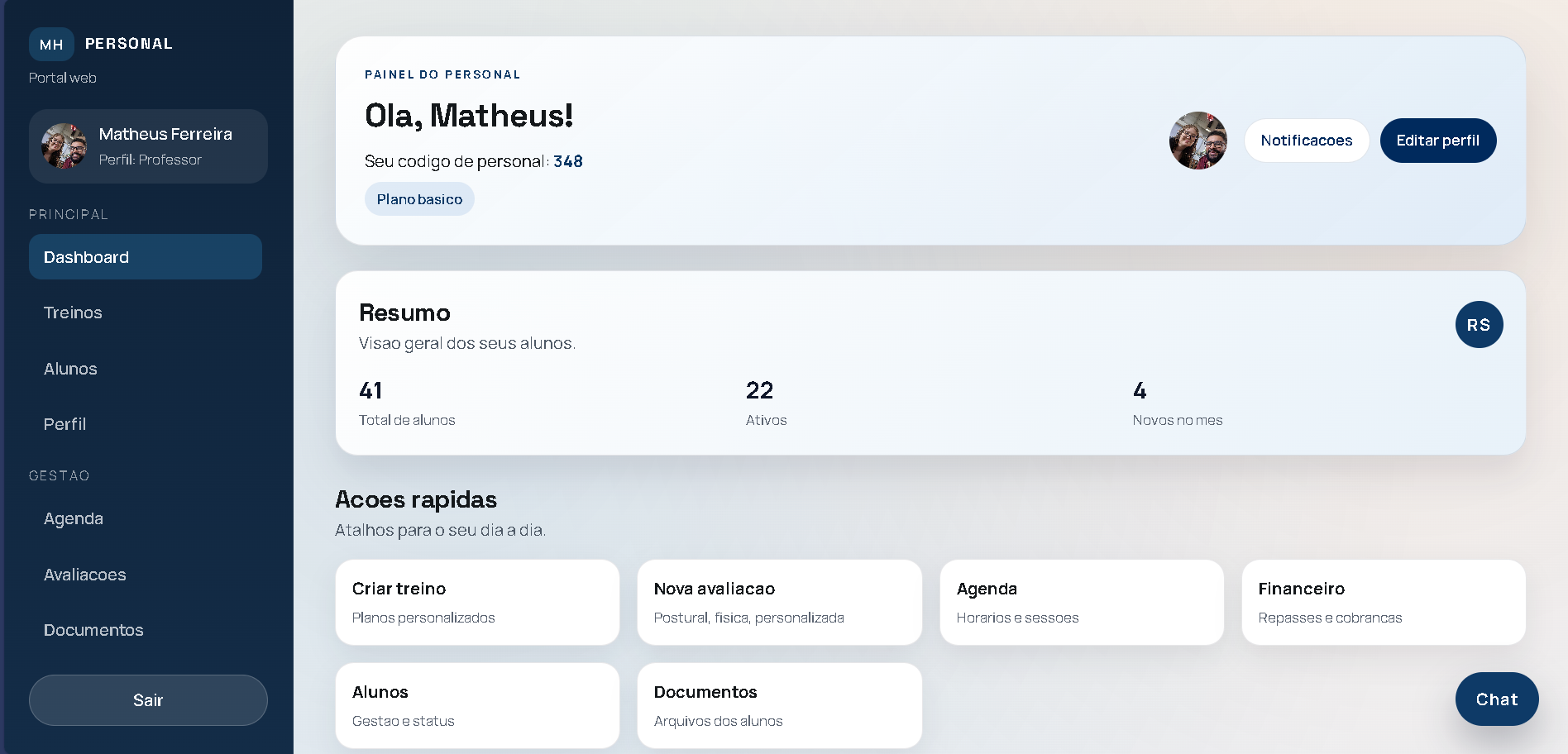 Preview do painel profissional do app